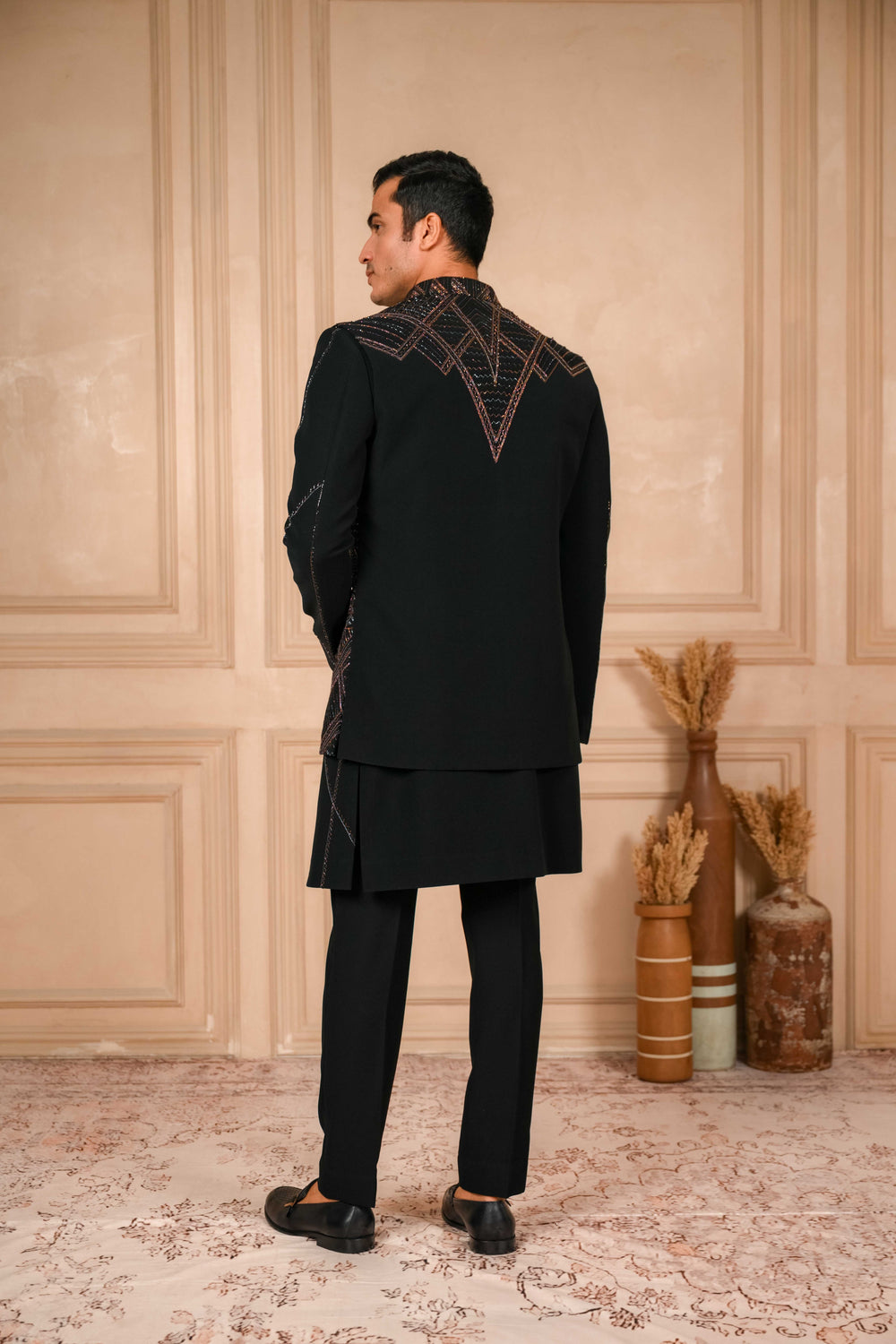 a deep black indo-western and jacket hand embroidered set