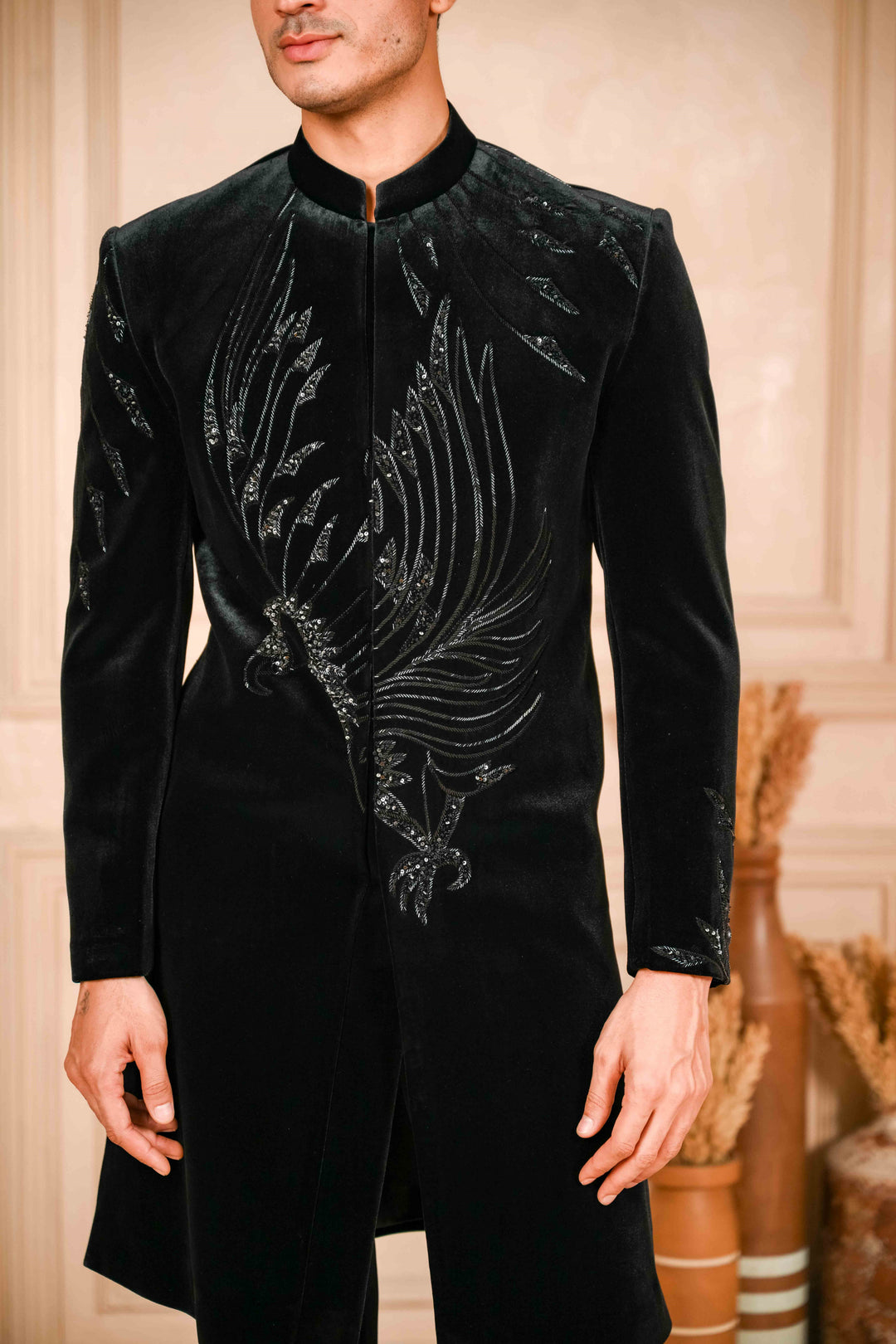 black classic hand embroidered glimmery indo-western set – Image 7
