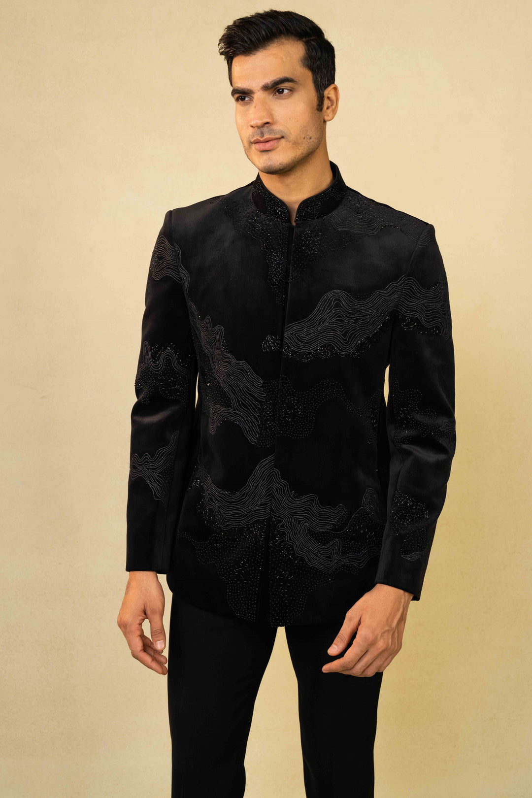 classic jodhpuri made with hand embroidery inspired by abstract art