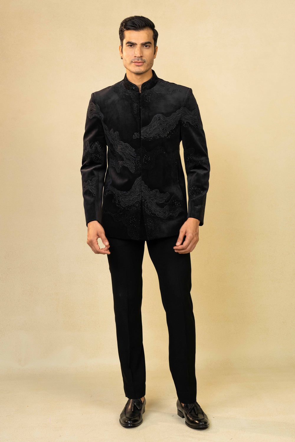 classic jodhpuri made with hand embroidery inspired by abstract art