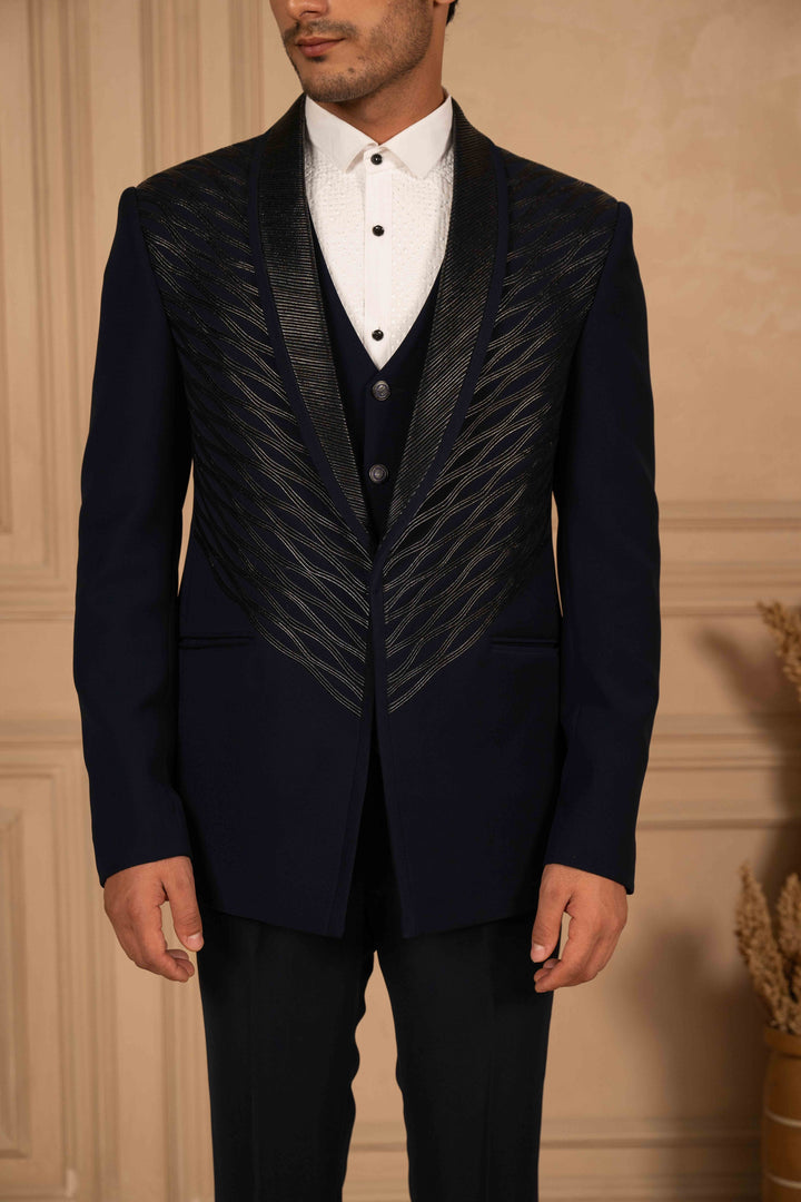 deep blue velvet tuxedo with metallic embroidery