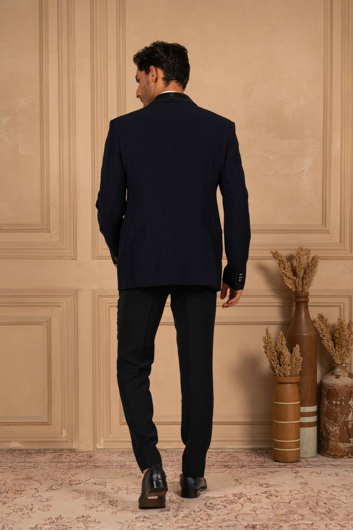 deep blue velvet tuxedo with metallic embroidery