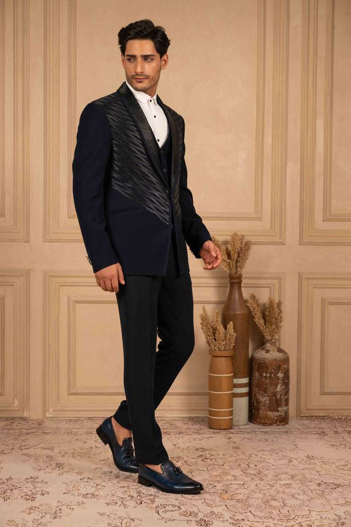 deep blue velvet tuxedo with metallic embroidery