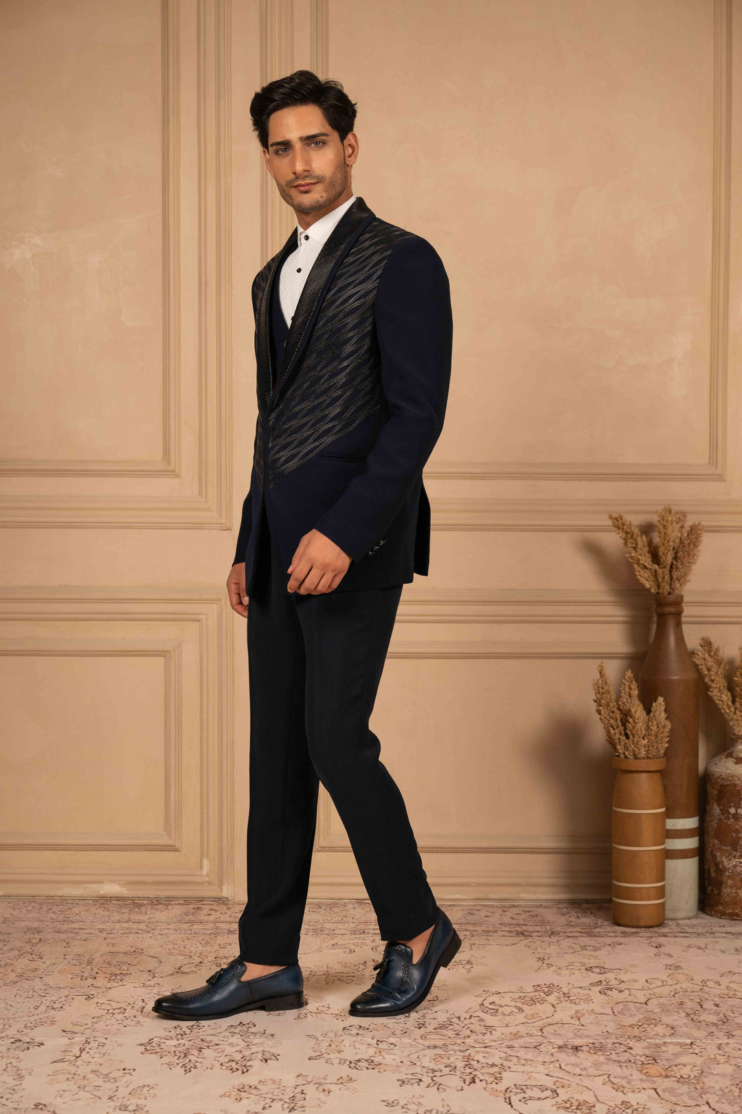 deep blue velvet tuxedo with metallic embroidery – Image 4