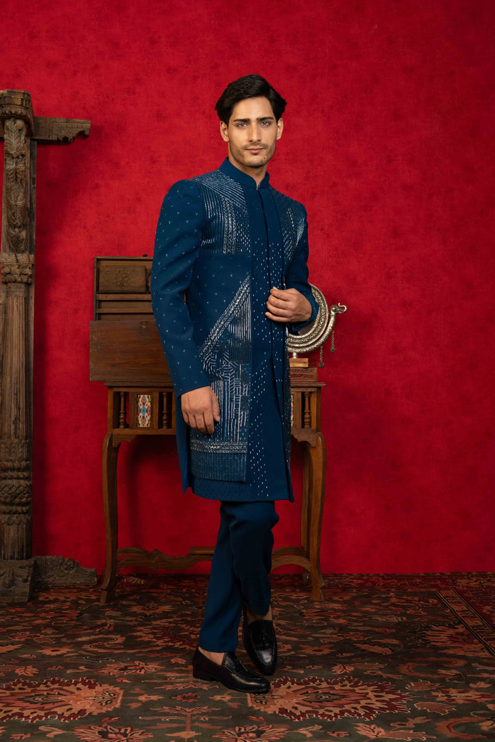 deep sea blue indo-western set
