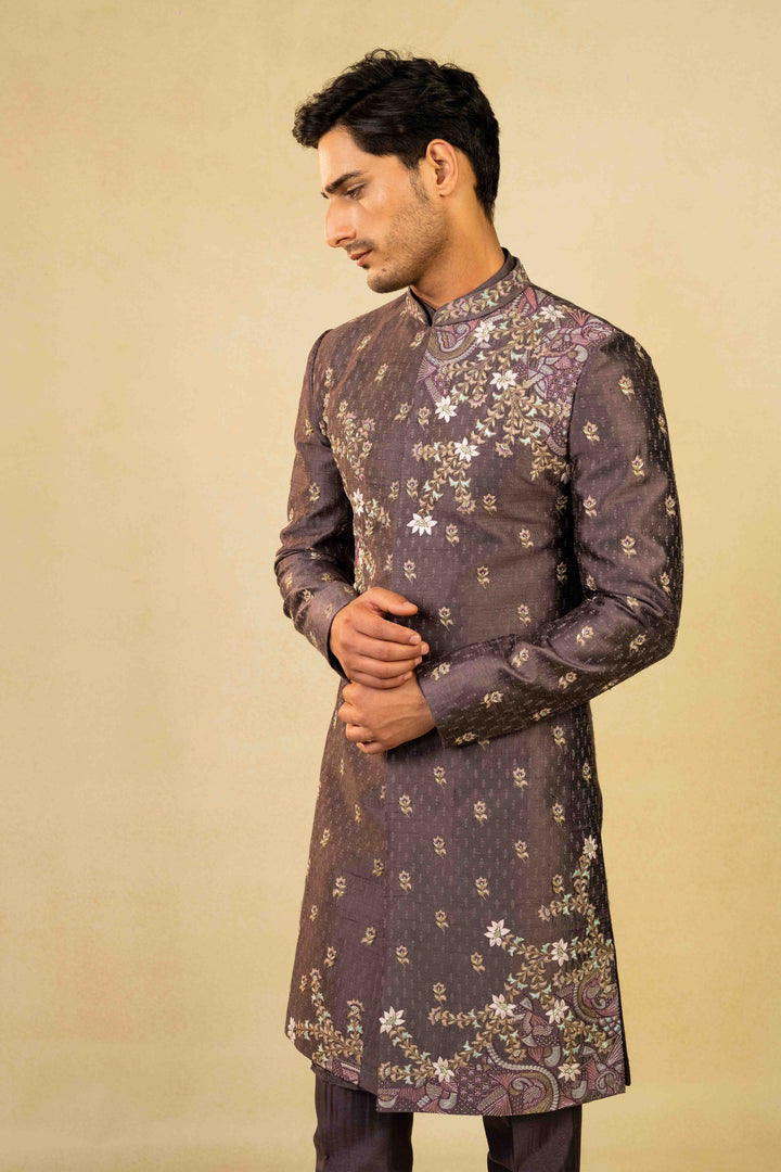 Dusty purple Indo-Western with block print detailing and hand embroidery.