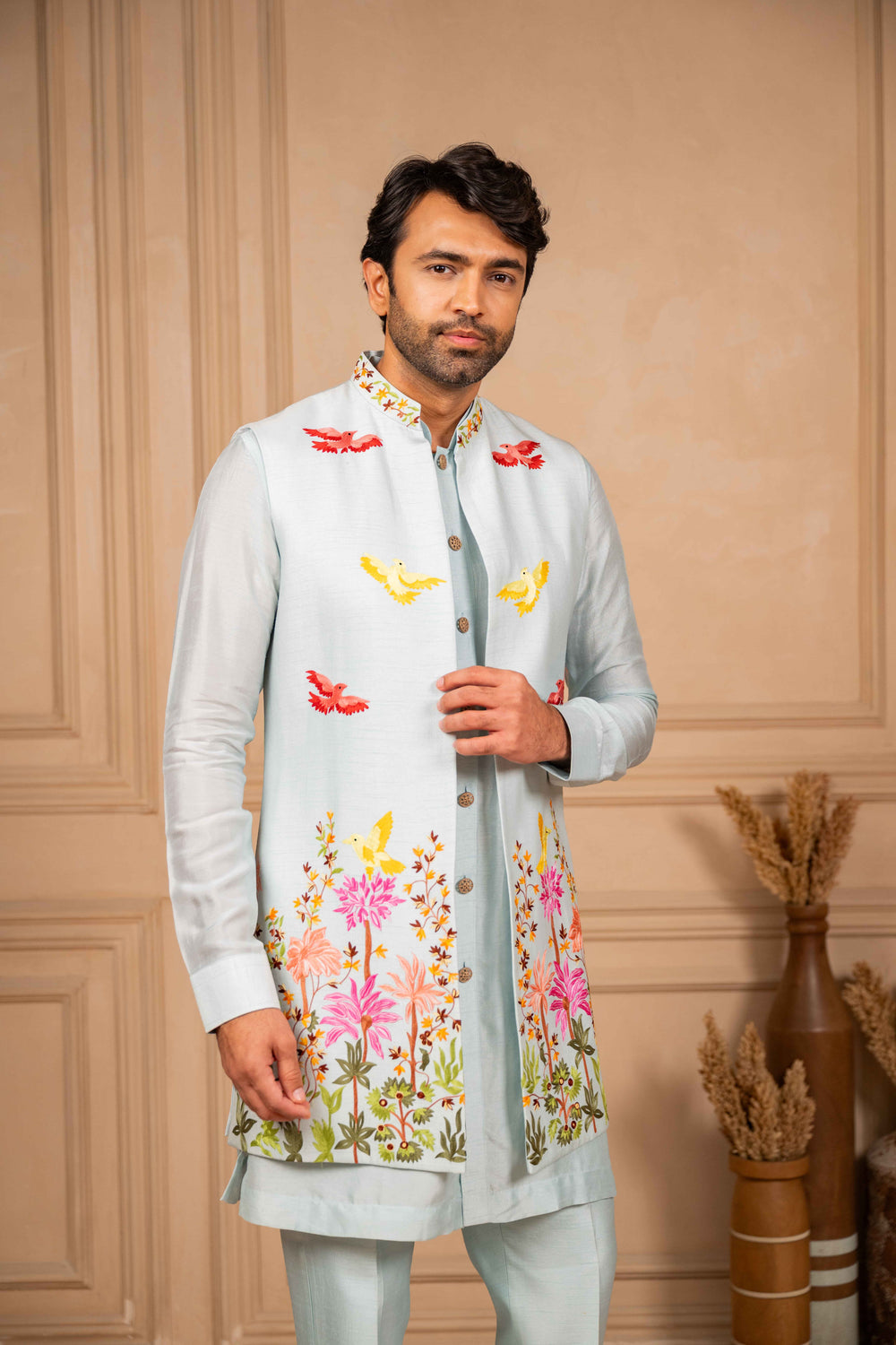 Ice Blue Long Jacket And Kurta Set