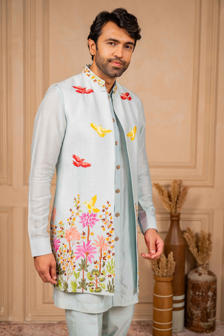 ice blue long jacket and kurta set