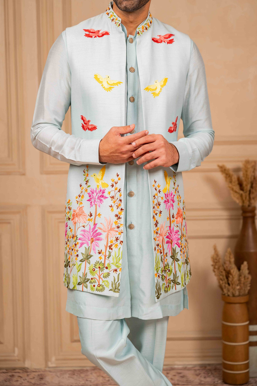 ice blue long jacket and kurta set – Image 4