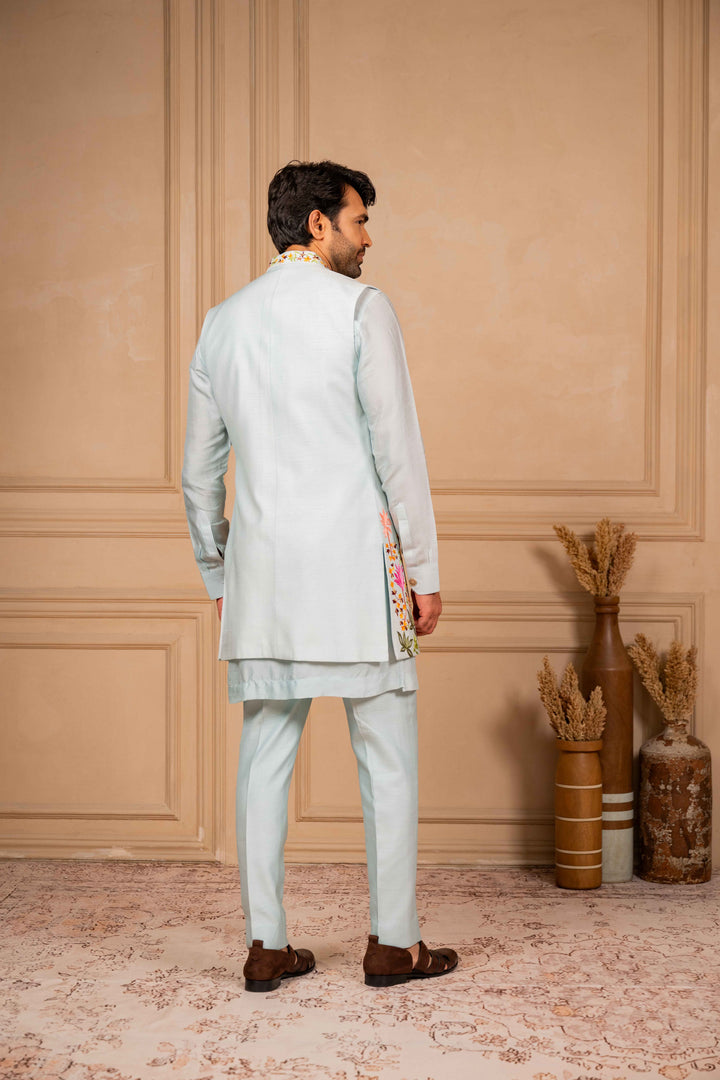 ice blue long jacket and kurta set