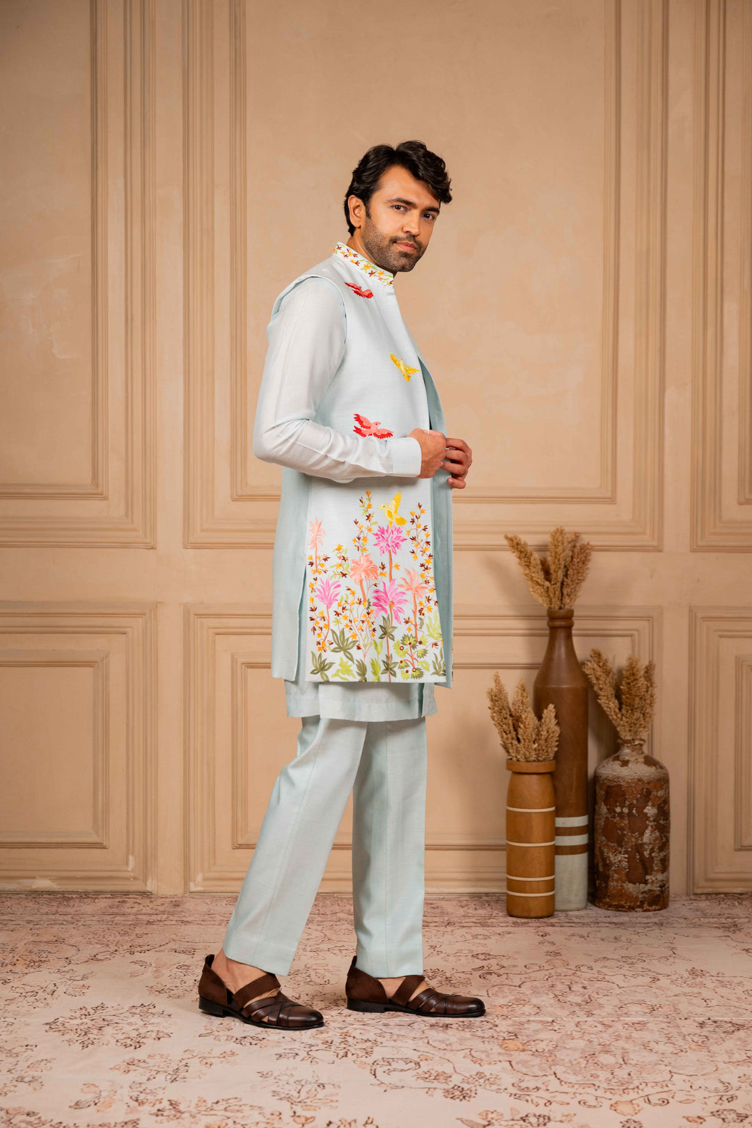 ice blue long jacket and kurta set