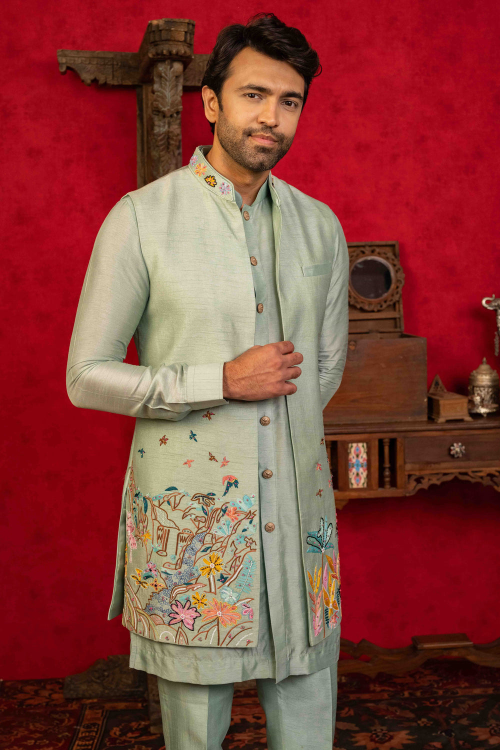 light blue jacket set with sequin embroidery