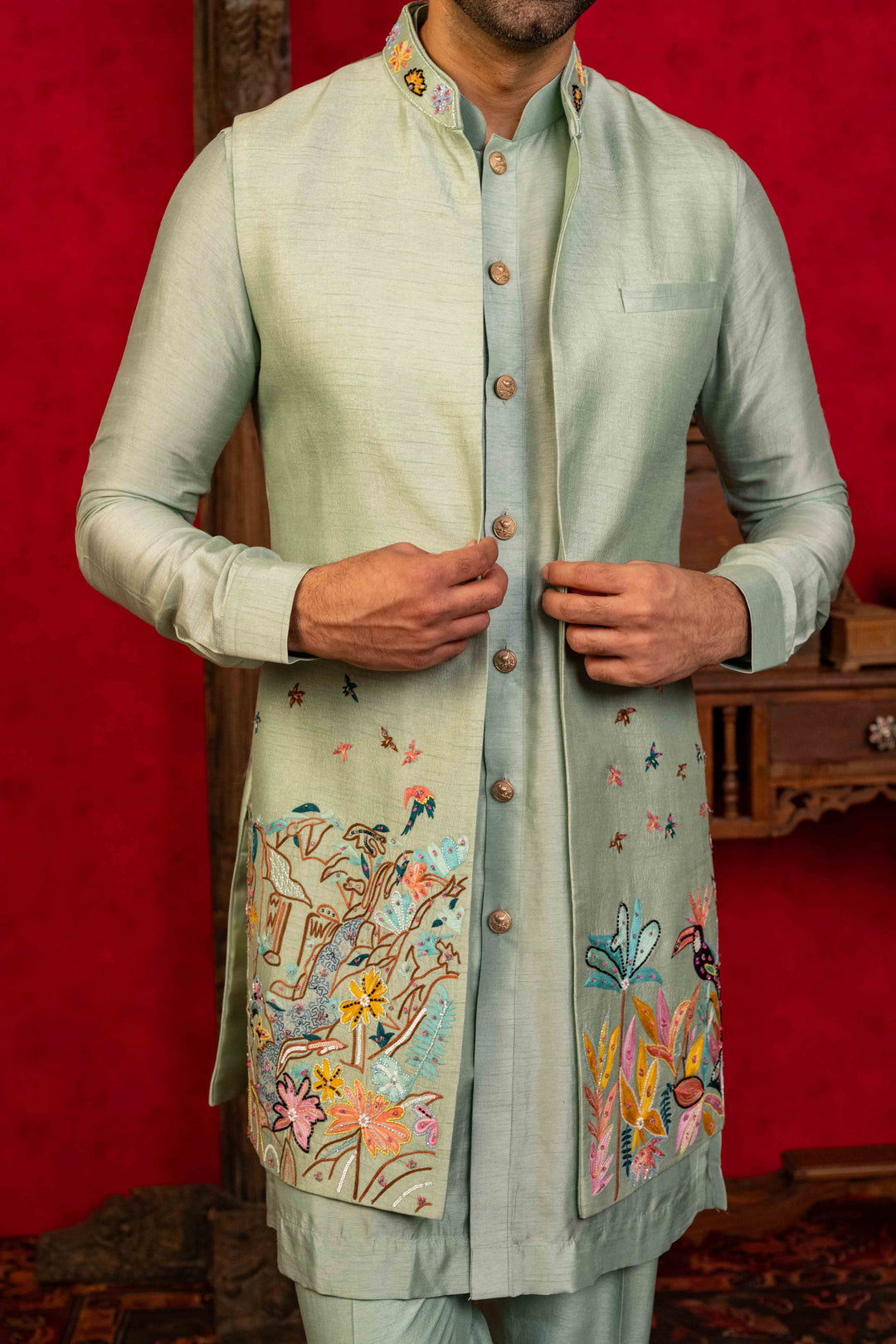 light blue jacket set with sequin embroidery – Image 5