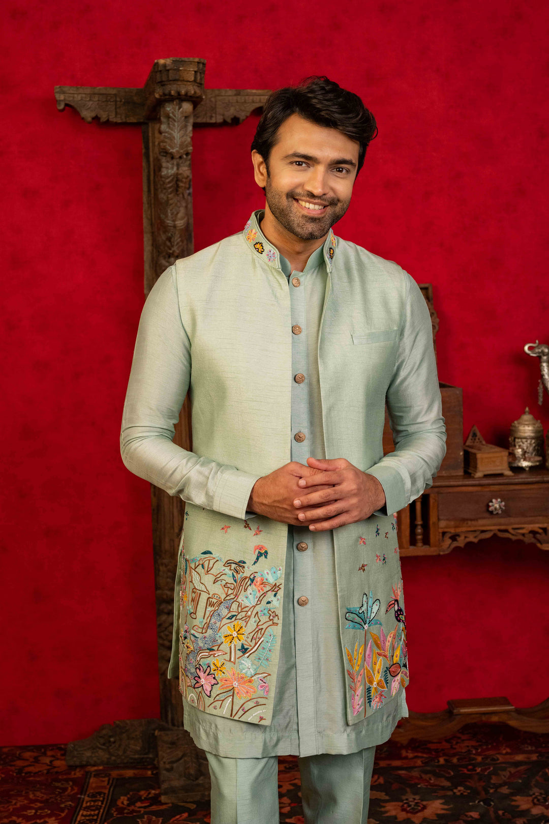 light blue jacket set with sequin embroidery