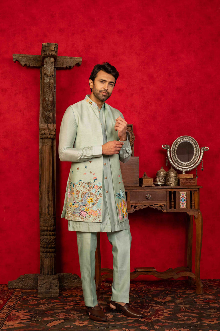 light blue jacket set with sequin embroidery
