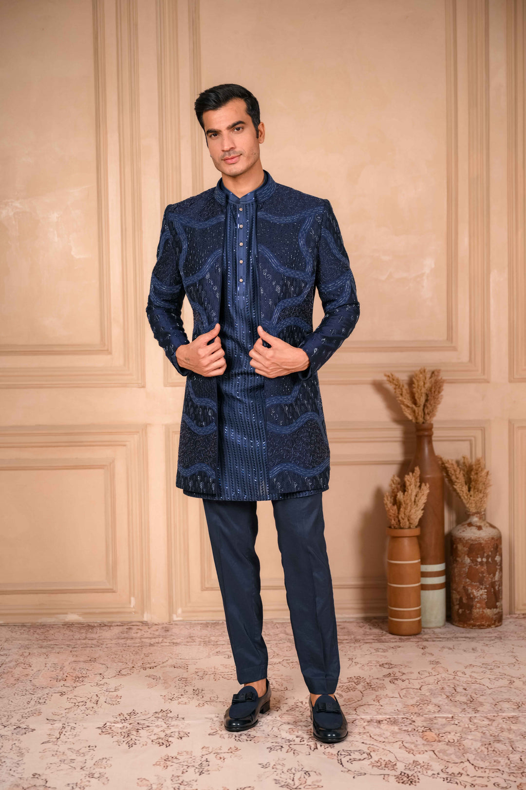 Navy blue indo-western and kurta set – Image 4