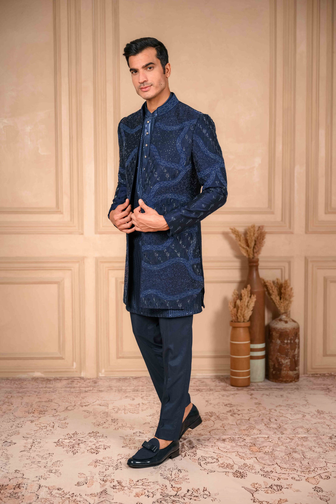 Navy blue indo-western and kurta set – Image 5