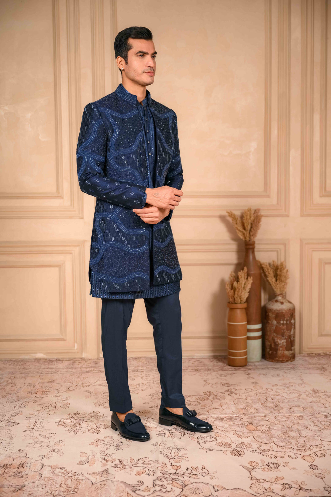 Navy blue indo-western and kurta set – Image 6