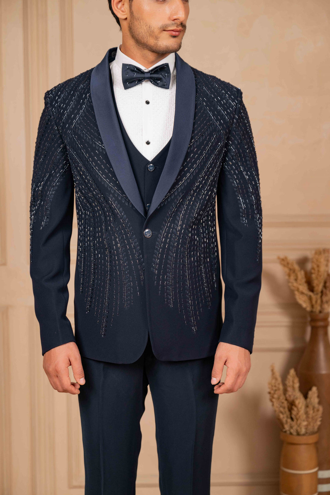 navy blue tuxedo set with foliage hand embroidery – Image 9