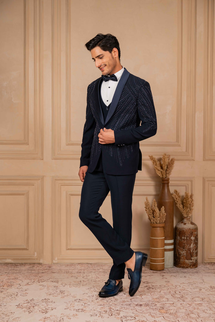 navy blue tuxedo set with foliage hand embroidery