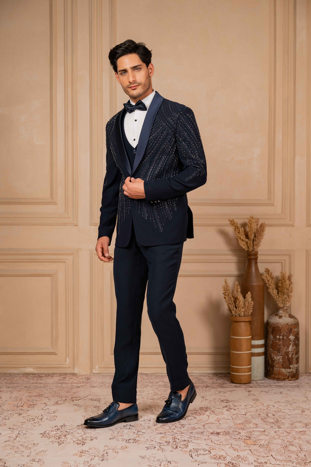 navy blue tuxedo set with foliage hand embroidery – Image 7