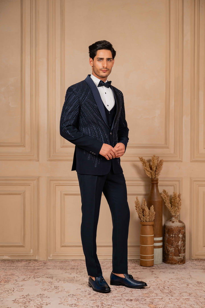 navy blue tuxedo set with foliage hand embroidery