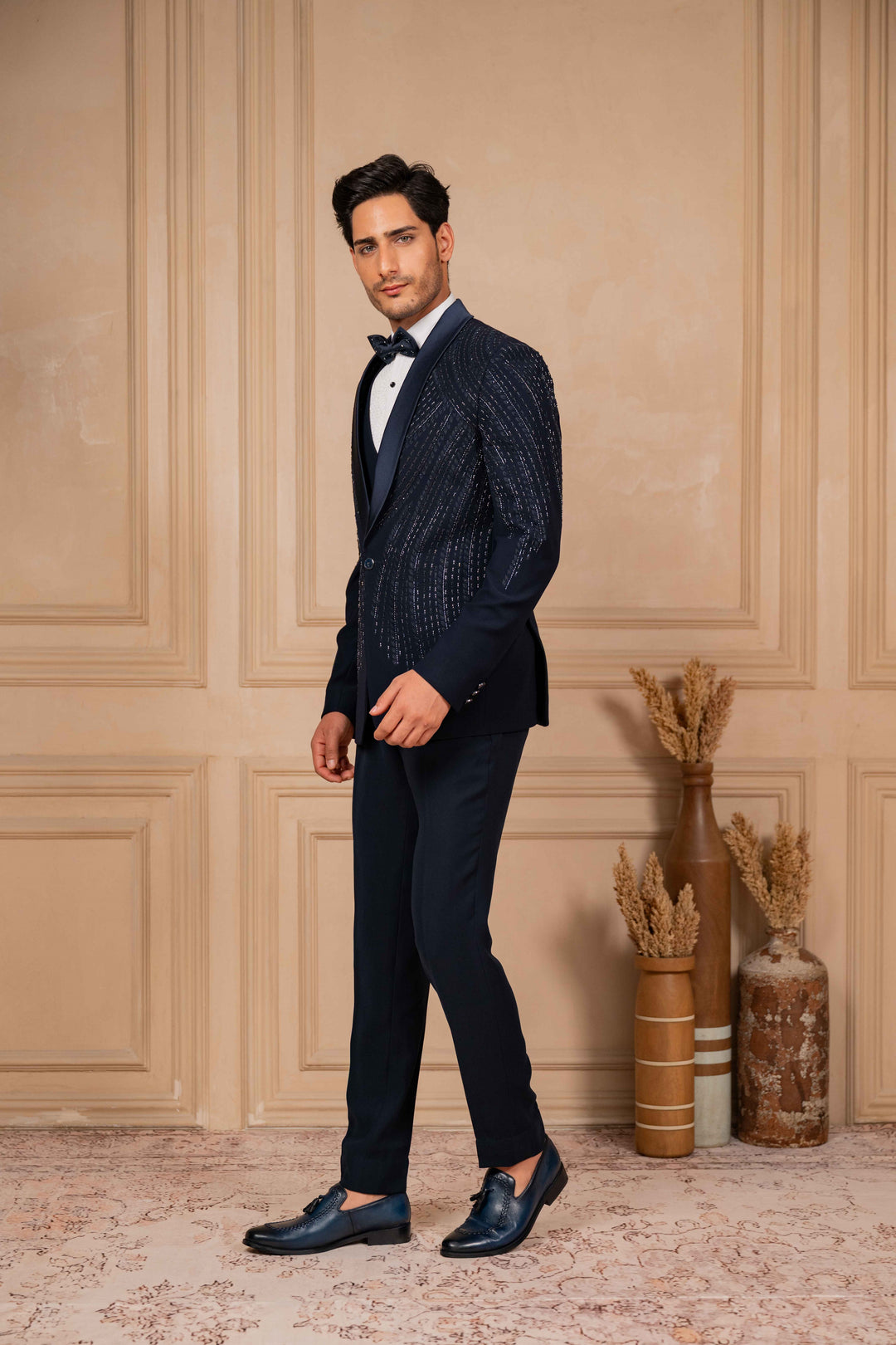 navy blue tuxedo set with foliage hand embroidery – Image 4