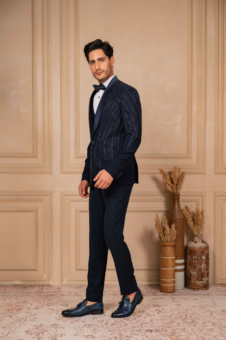 navy blue tuxedo set with foliage hand embroidery