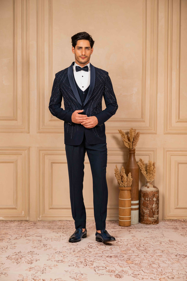 navy blue tuxedo set with foliage hand embroidery