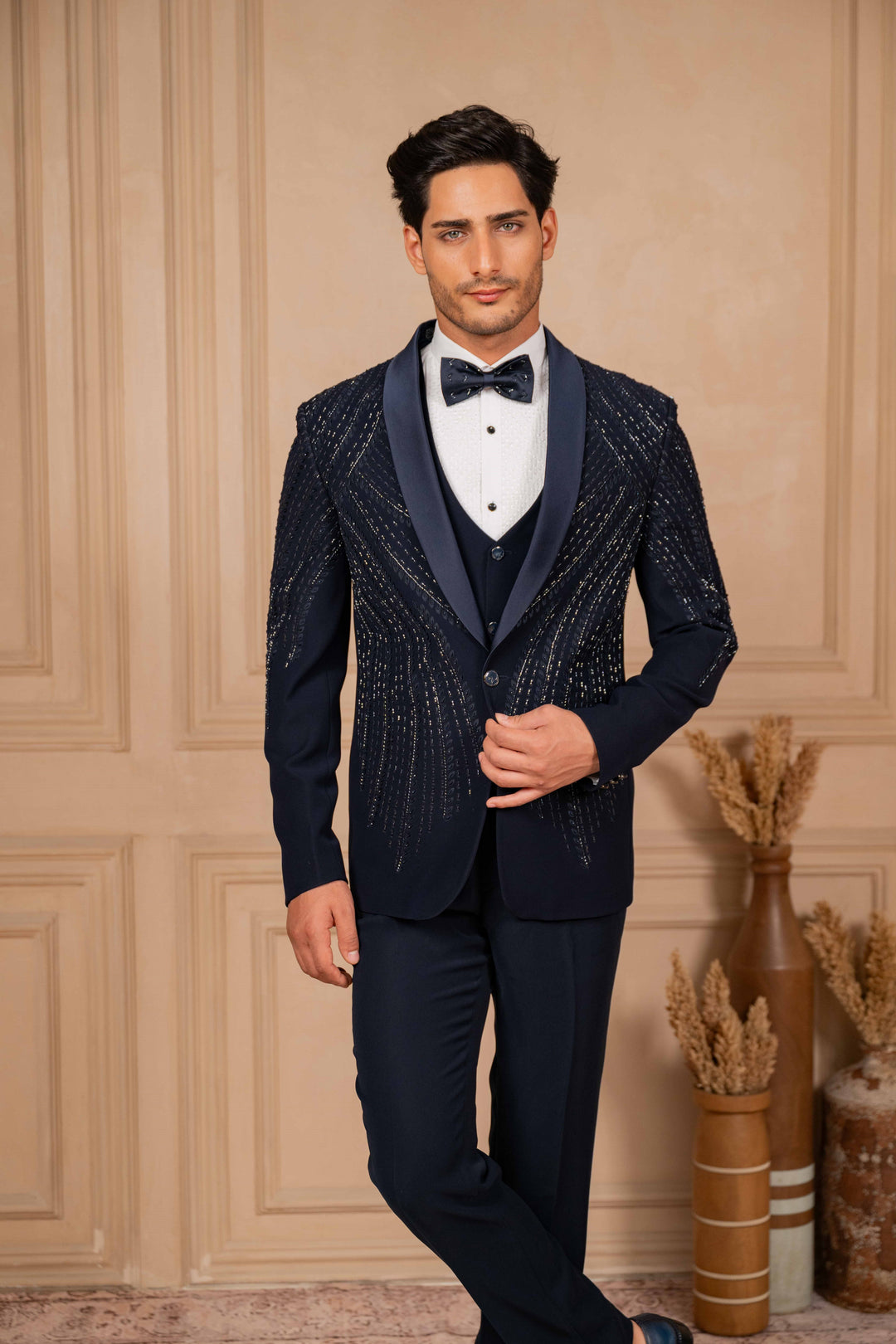 navy blue tuxedo set with foliage hand embroidery