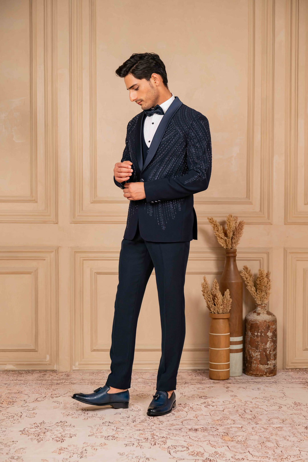 navy blue tuxedo set with foliage hand embroidery – Image 5