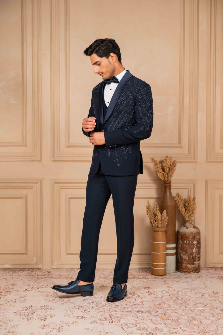 navy blue tuxedo set with foliage hand embroidery