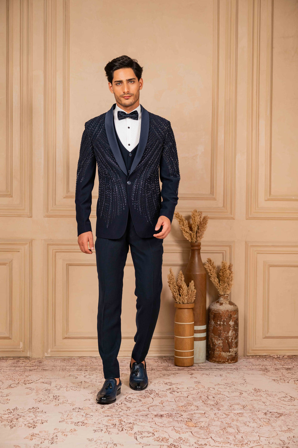 navy blue tuxedo set with foliage hand embroidery