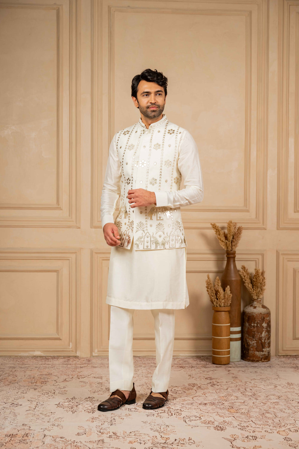 off-white jacket and kurta set with embroidery