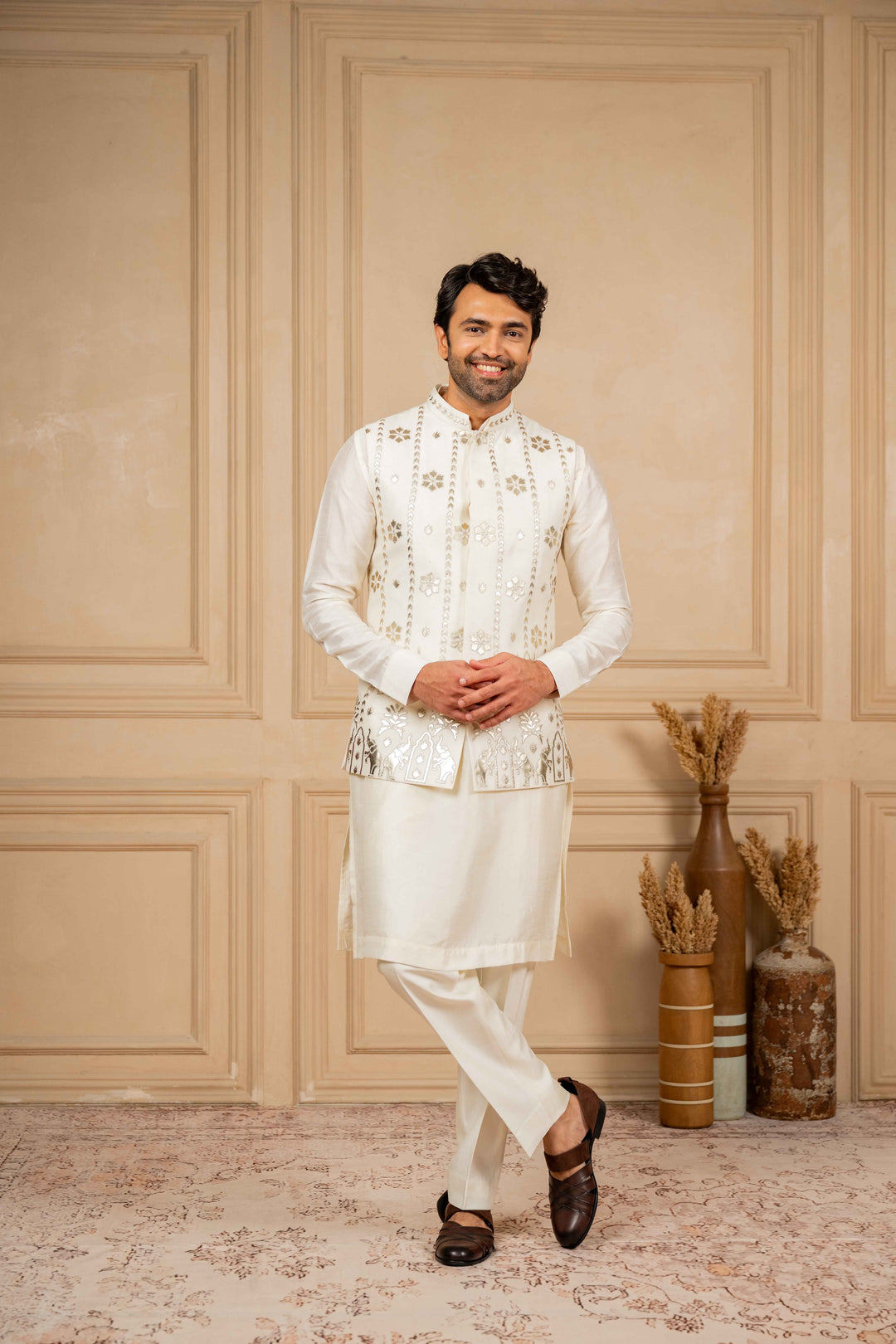 off-white jacket and kurta set with embroidery