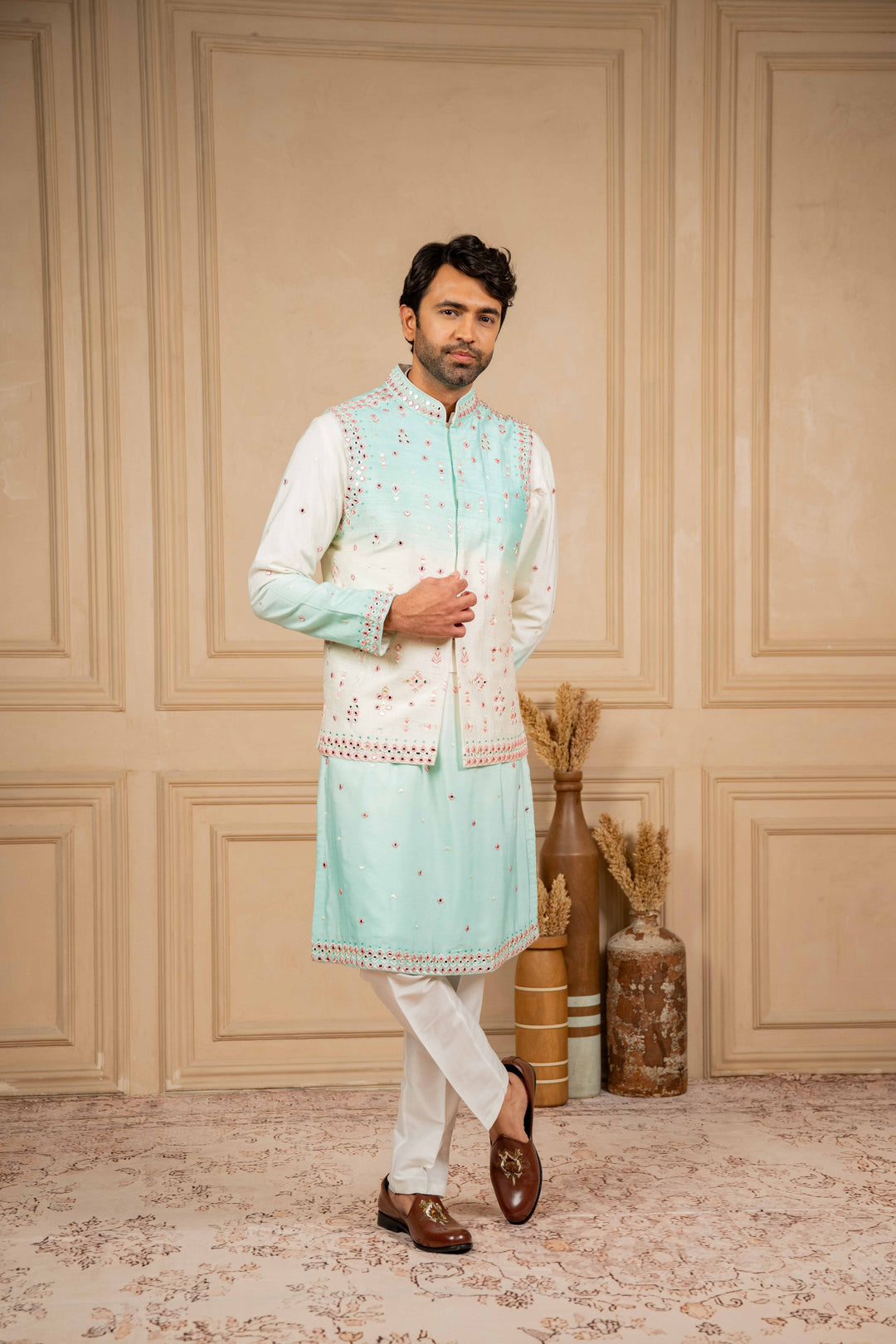 ombre jacket set with resham and mirror embroidery
