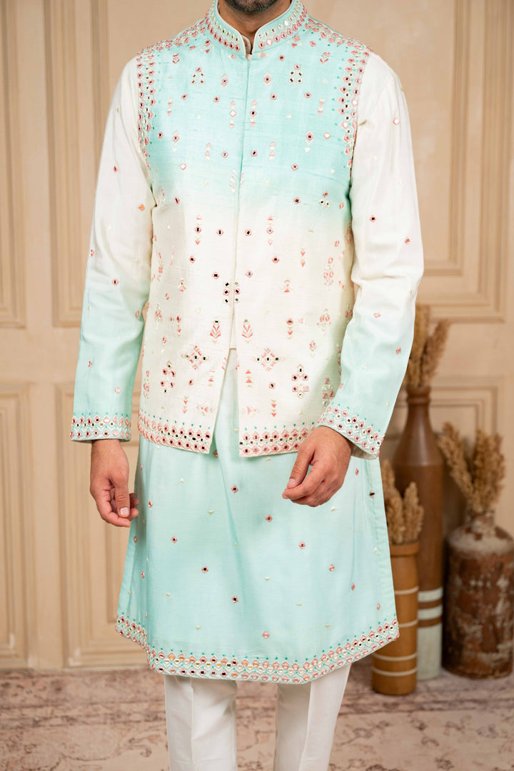 ombre jacket set with resham and mirror embroidery