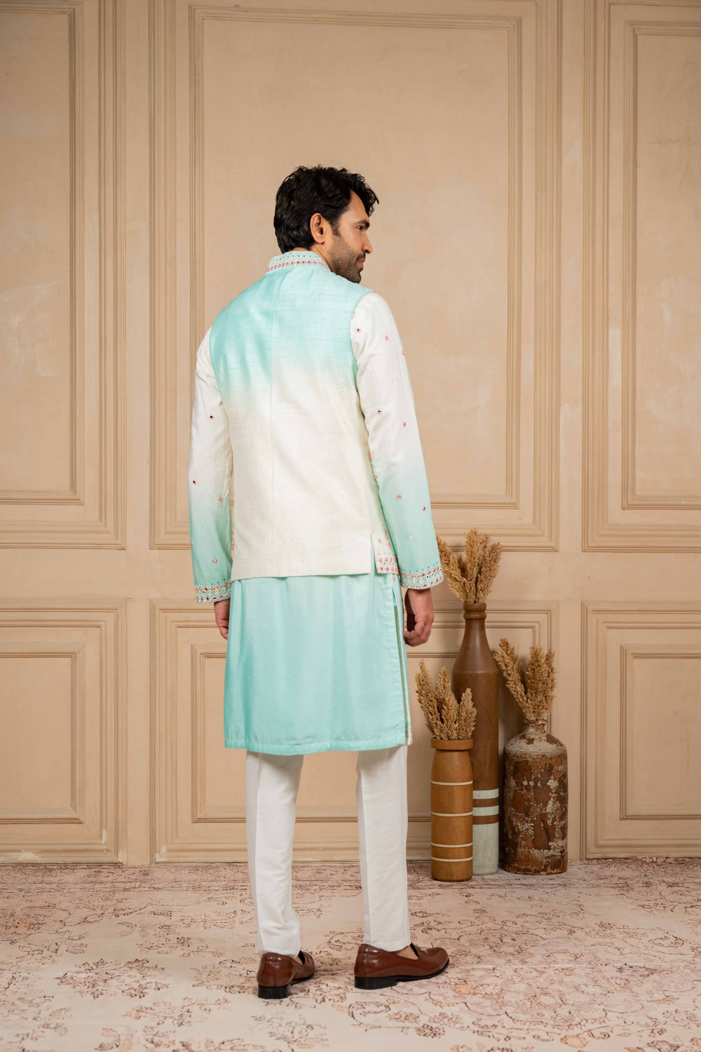 ombre jacket set with resham and mirror embroidery