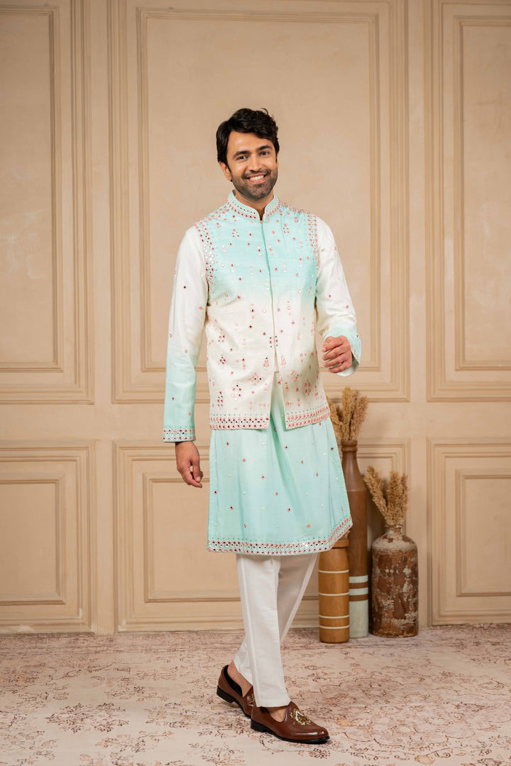 ombre jacket set with resham and mirror embroidery