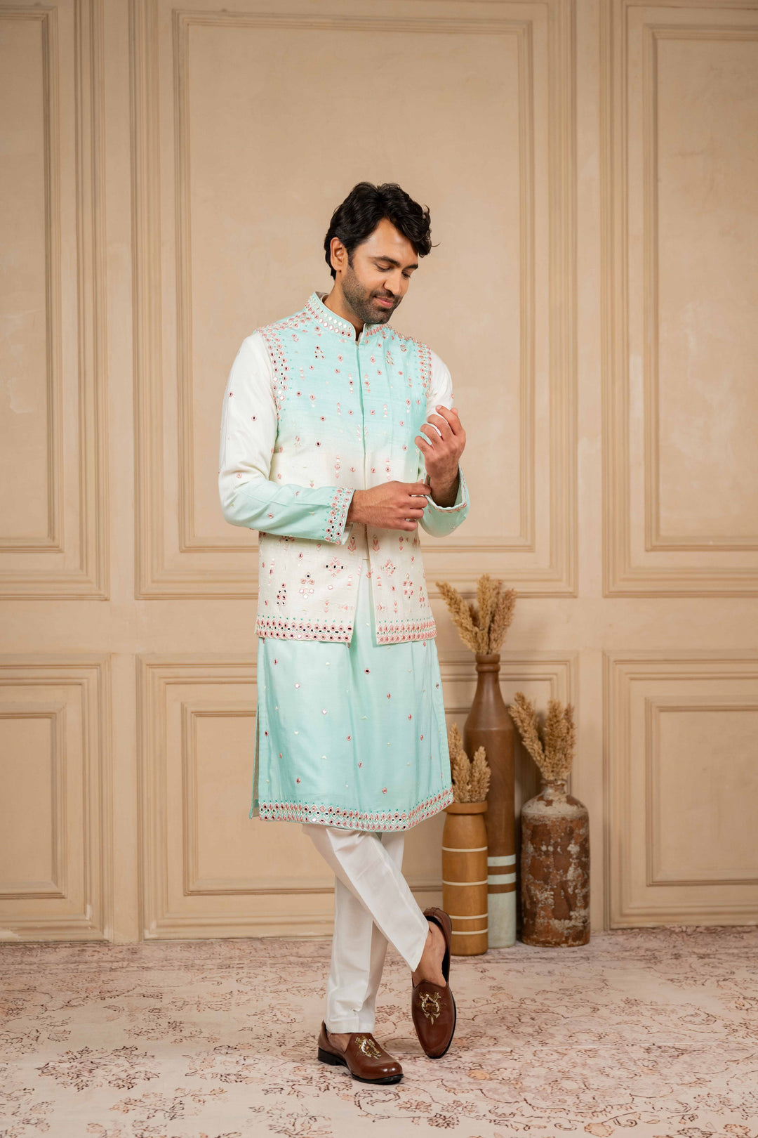 ombre jacket set with resham and mirror embroidery – Image 7