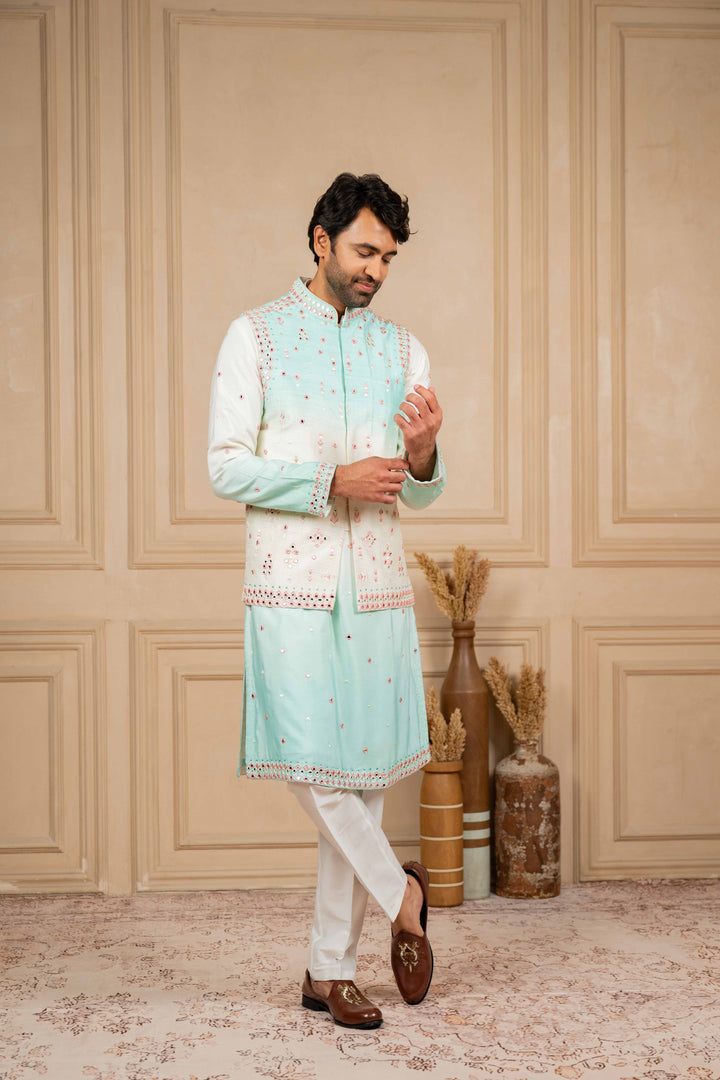 ombre jacket set with resham and mirror embroidery