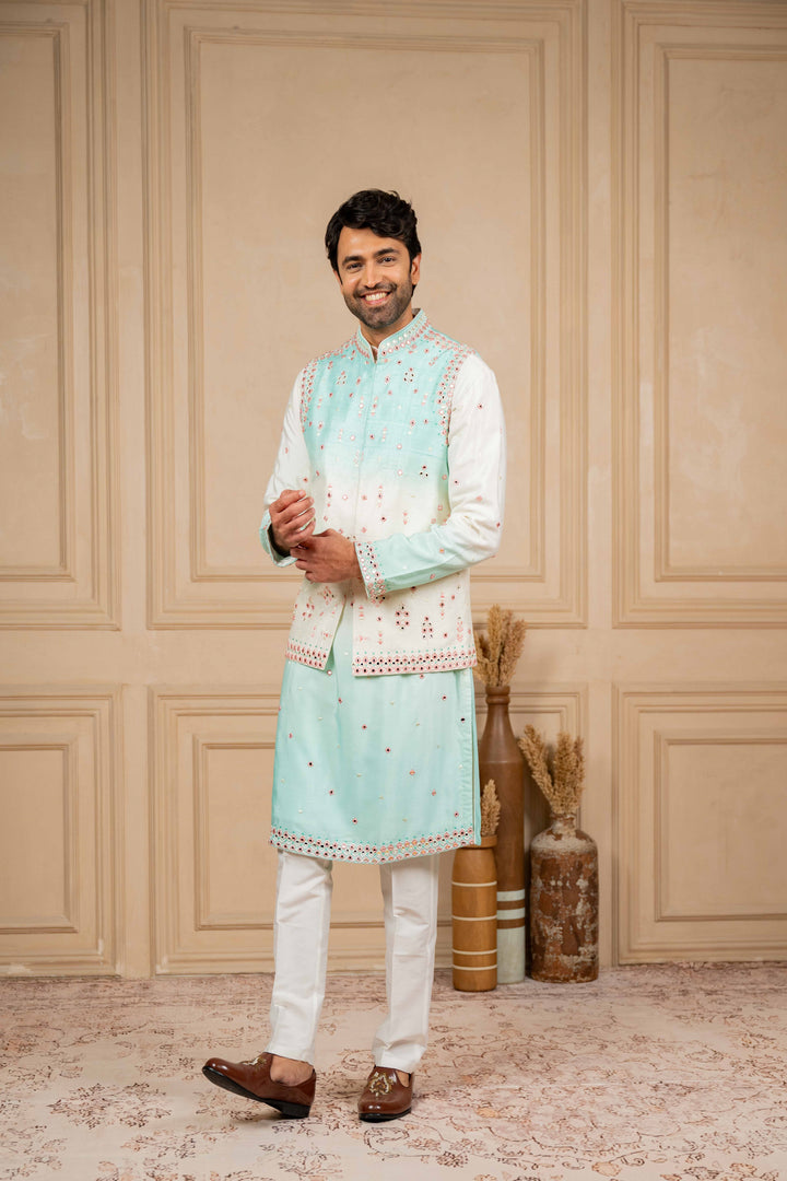 ombre jacket set with resham and mirror embroidery