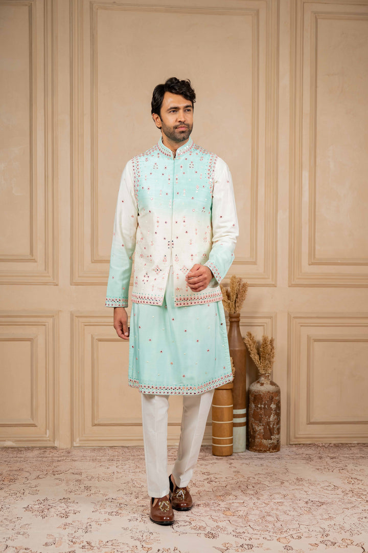 ombre jacket set with resham and mirror embroidery