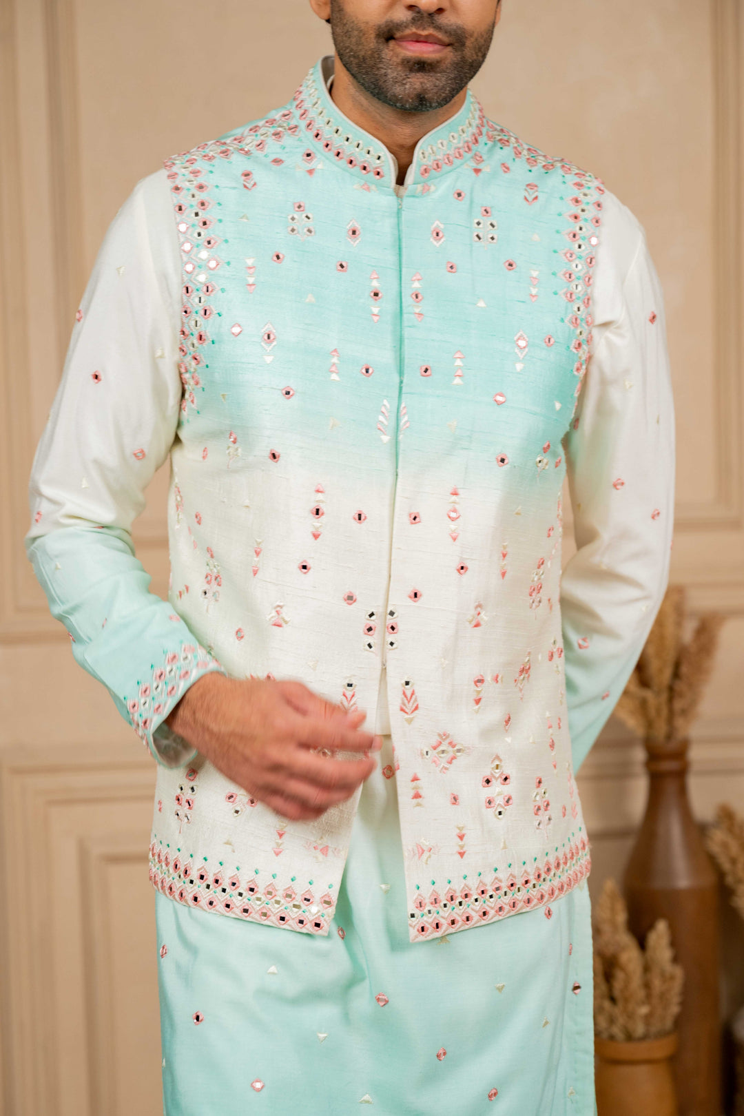 ombre jacket set with resham and mirror embroidery – Image 8