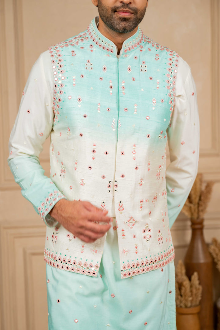 ombre jacket set with resham and mirror embroidery