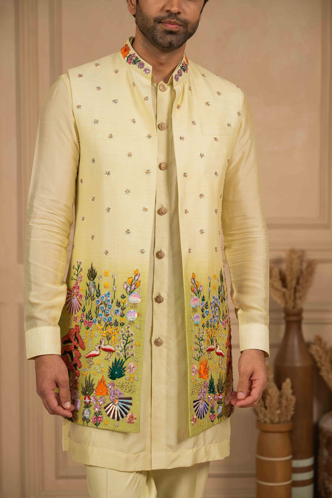 ombre thread embroidered long jakcet-kurta set – Image 5