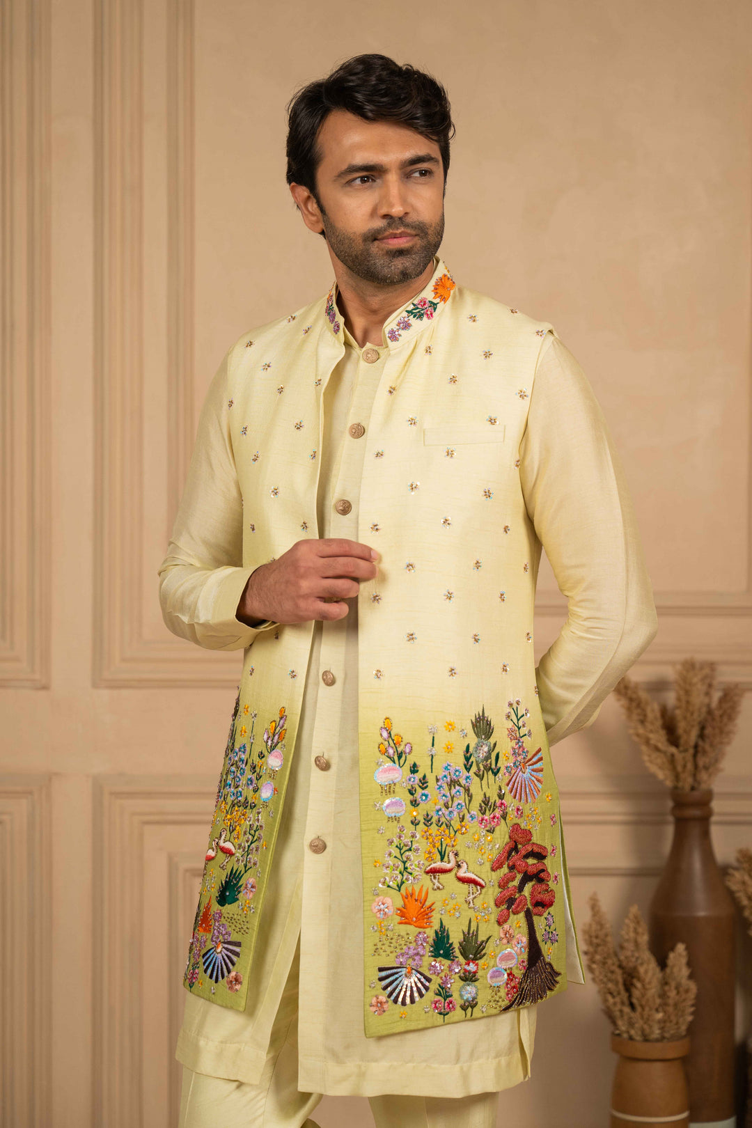ombre thread embroidered long jakcet-kurta set – Image 4