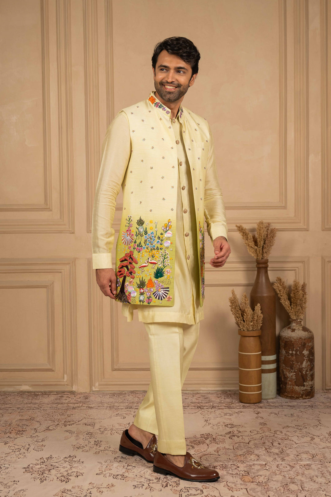 ombre thread embroidered long jakcet-kurta set – Image 6