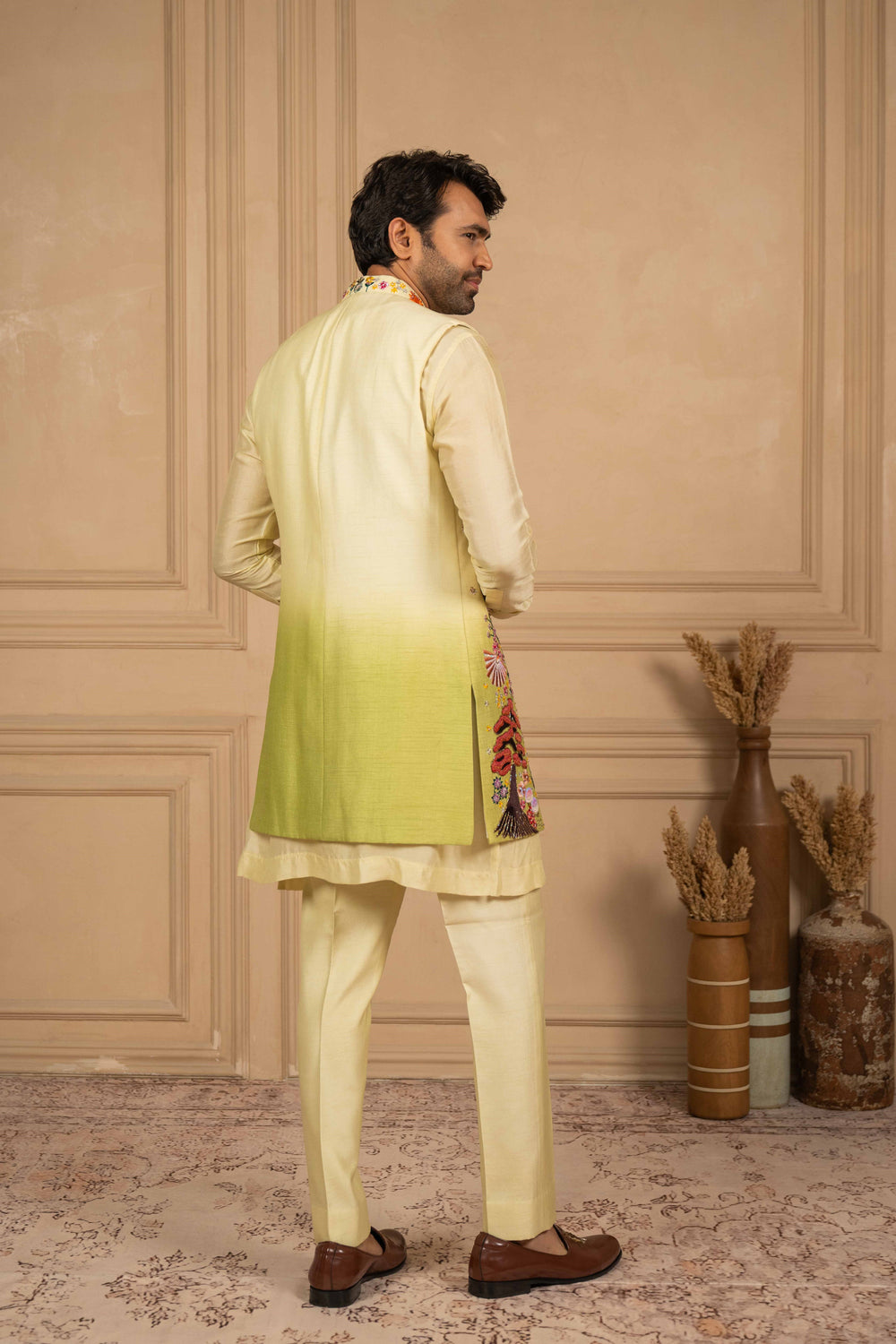 ombre thread embroidered long jakcet-kurta set