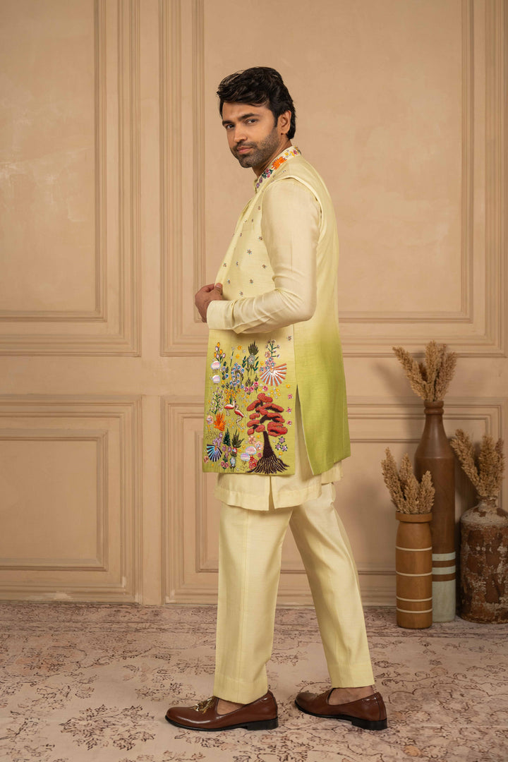 ombre thread embroidered long jakcet-kurta set